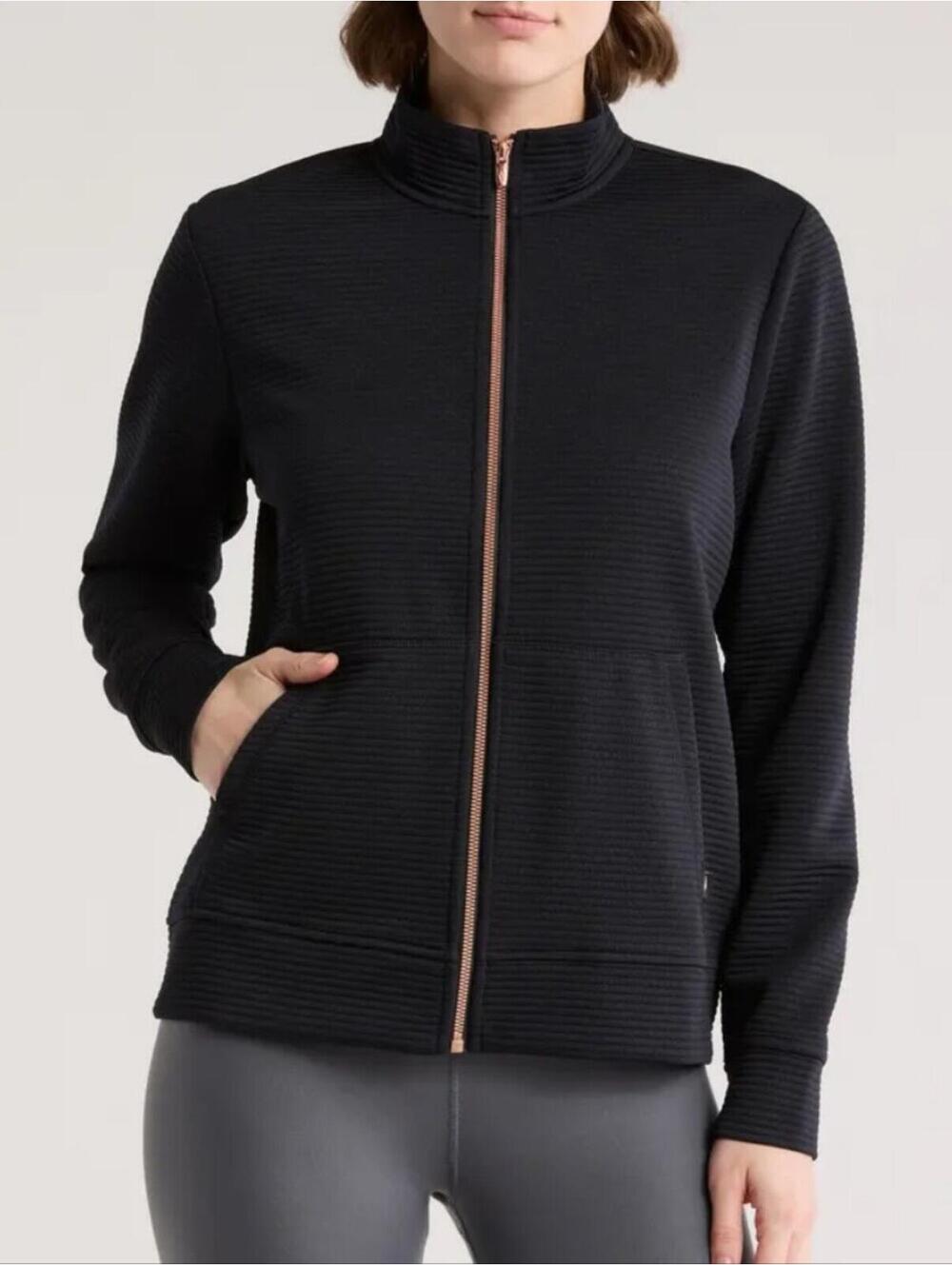 Skechers Women's L Black Ribbed Zip-Up Sweatshirt with Contrast Gold Zipper Gym